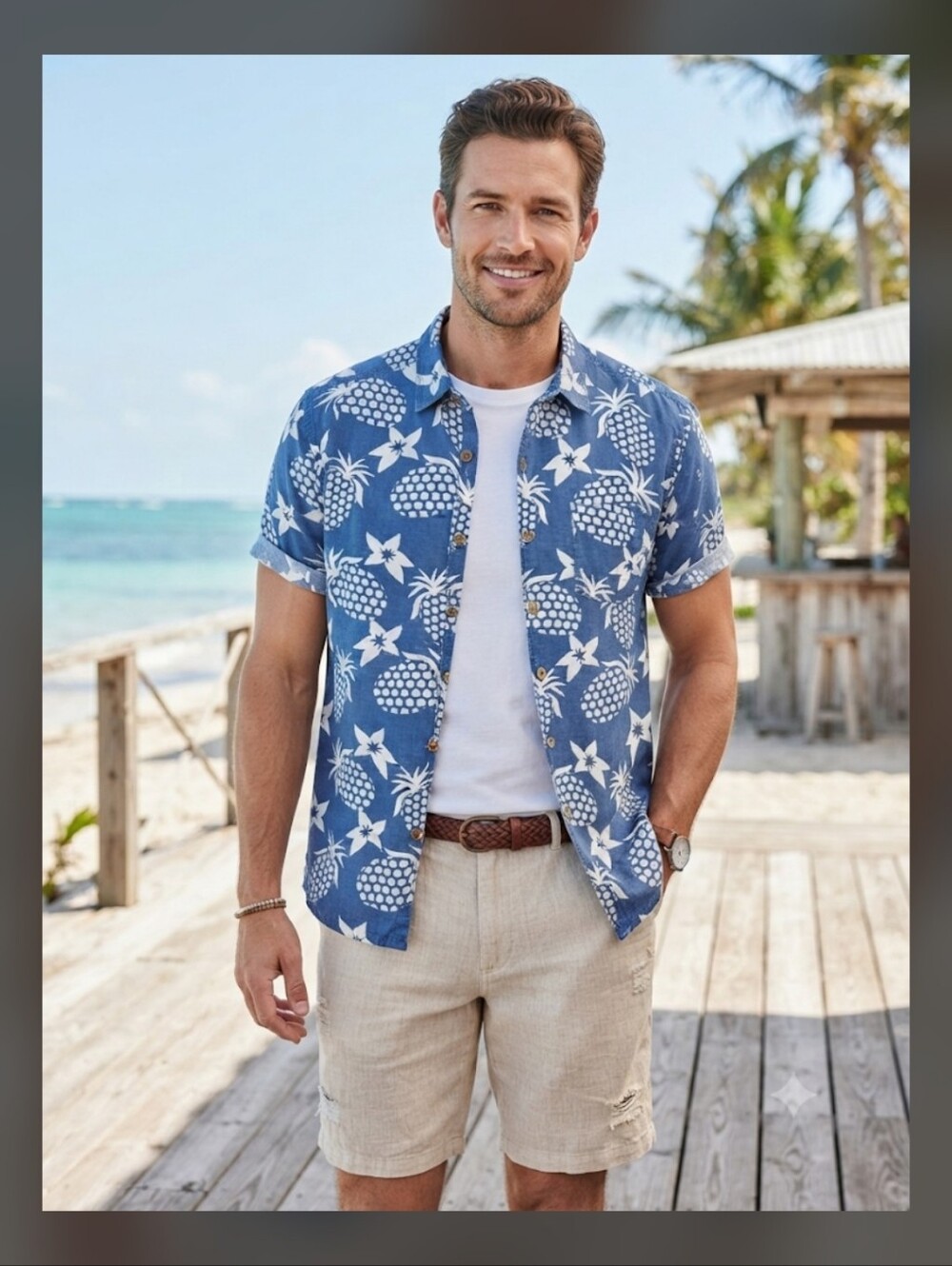 Honolua Blue Pineapple Print Short Sleeve Button Down Shirt Sz Large 100% Cotton